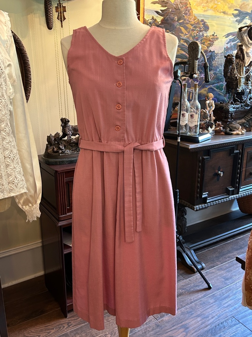 1980’s CHEERS Sz M Sleeveless Pink Belted Button-Front Belted Romper Dress